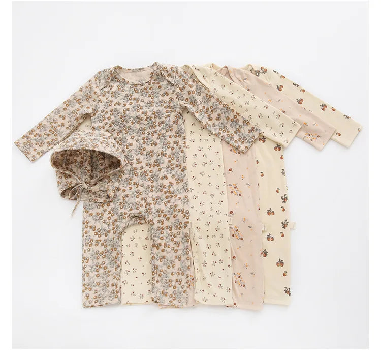 Printed Cotton Baby Romper with Long Sleeves and Footless Legs, Floral and Fruit Pattern One-Piece Outfit for Boys and Girls, Separate Hat Options