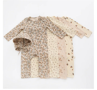Printed Cotton Baby Romper with Long Sleeves and Footless Legs, Floral and Fruit Pattern One-Piece Outfit for Boys and Girls, Separate Hat Options