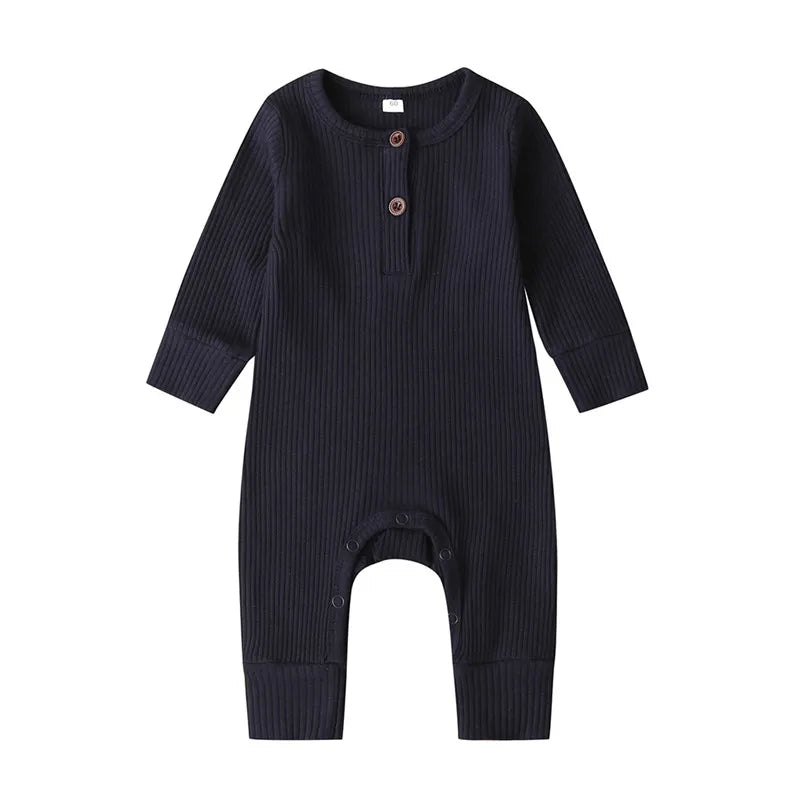 Ribbed Baby Romper with Button Neckline and Inner-Leg Snaps, Long Sleeve Cotton Knit One-Piece Outfit for Boys and Girls in 3M-18M Sizes