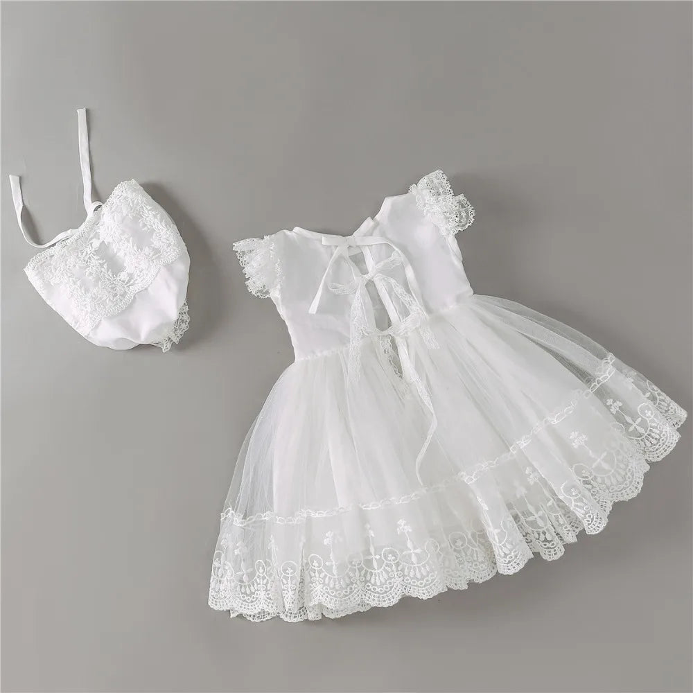Baby Baptism Gown for Girls with Long Sleeves, Lace Details and Cotton Lining, Dress and Cap Set for Christening and First Birthday Photos