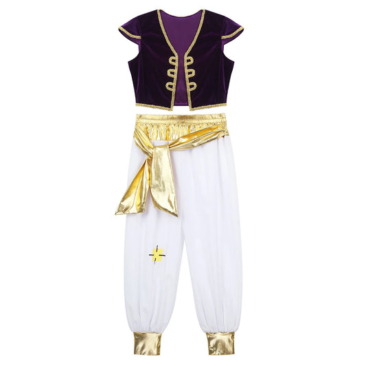 Boys Prince Dress-Up Costume with Gold-Trim Waistcoat and Belted Pants, Two-Piece Outfit for Halloween, Carnival and Fantasy Role Play