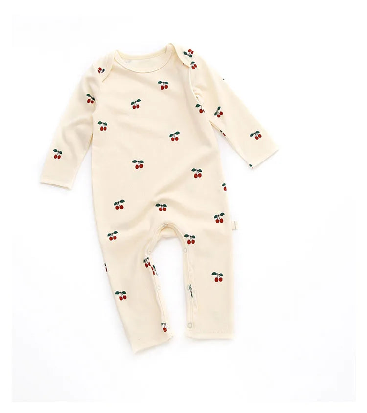 Printed Cotton Baby Romper with Long Sleeves and Footless Legs, Floral and Fruit Pattern One-Piece Outfit for Boys and Girls, Separate Hat Options