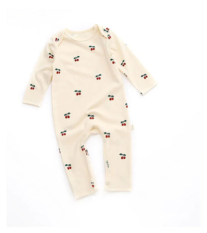 Printed Cotton Baby Romper with Long Sleeves and Footless Legs, Floral and Fruit Pattern One-Piece Outfit for Boys and Girls, Separate Hat Options
