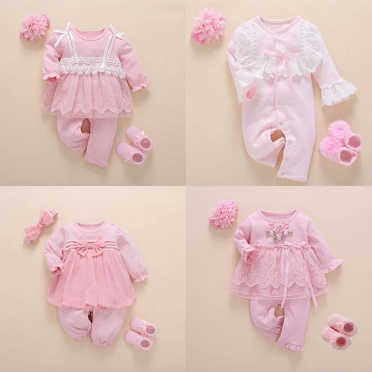 Pink Baby Girl Lace Jumpsuit Outfit with Long Sleeves and Skirt Overlay, Princess-Style Infant Romper Set Options for Milestone Photos, 0-12 Months