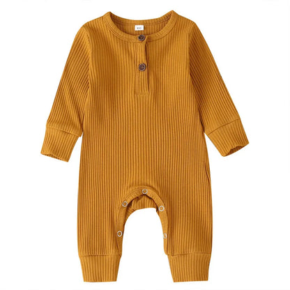 Ribbed Baby Romper with Button Neckline and Inner-Leg Snaps, Long Sleeve Cotton Knit One-Piece Outfit for Boys and Girls in 3M-18M Sizes