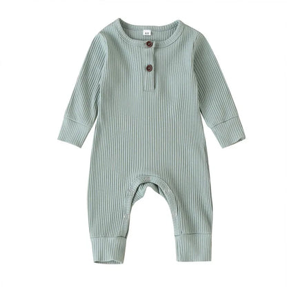 Ribbed Baby Romper with Button Neckline and Inner-Leg Snaps, Long Sleeve Cotton Knit One-Piece Outfit for Boys and Girls in 3M-18M Sizes