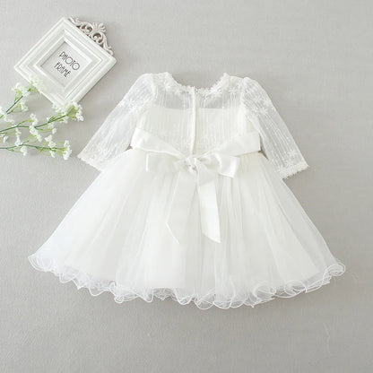 Baby Baptism Gown for Girls with Long Sleeves, Lace Details and Cotton Lining, Dress and Cap Set for Christening and First Birthday Photos