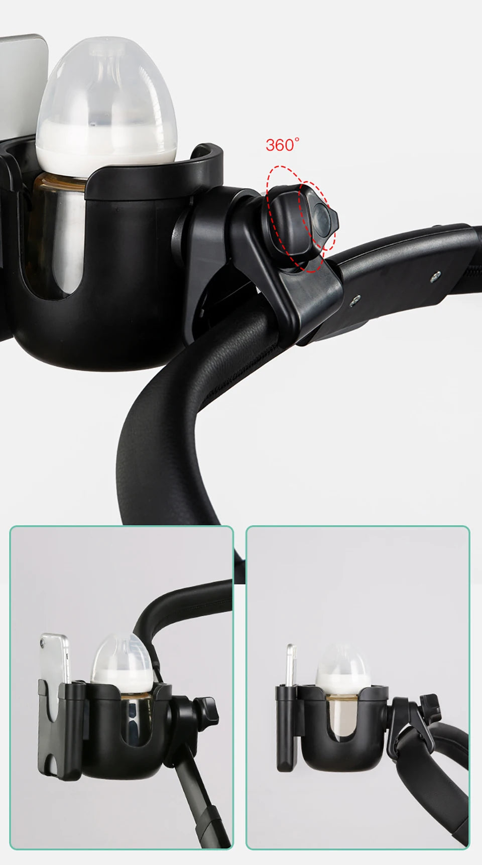 Stroller Bottle and Cup Holder with Clamp Mount and Optional Phone Slot, Single-Cup or Combination Storage Accessory for Walks and Family Outings