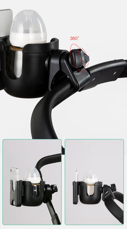 Stroller Bottle and Cup Holder with Clamp Mount and Optional Phone Slot, Single-Cup or Combination Storage Accessory for Walks and Family Outings