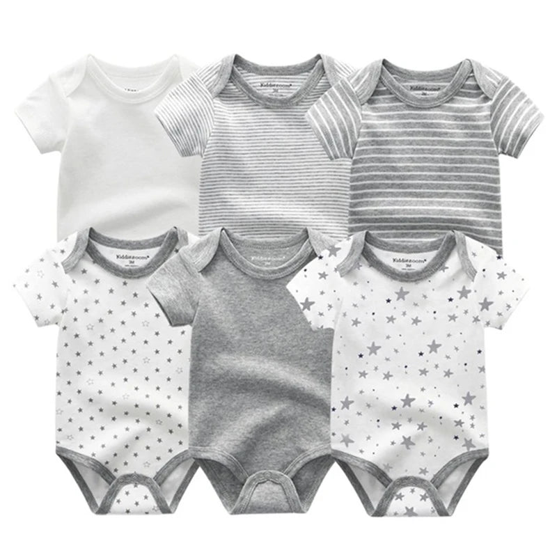 Baby Cotton Bodysuit Set, 6-Piece Short Sleeve Outfits with Envelope Shoulders and Snap Crotch for Boys and Girls, Sizes 3M-12M