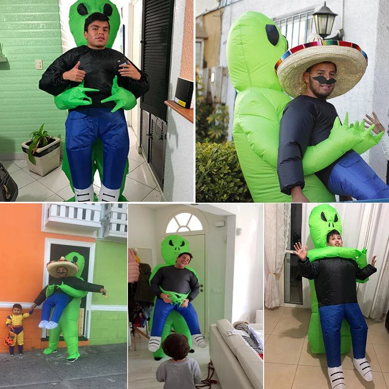 Alien Piggyback Inflatable Costume for Adults and Kids, Green Carrying Illusion Suit with Fan for Halloween, Cosplay and Stage Parties