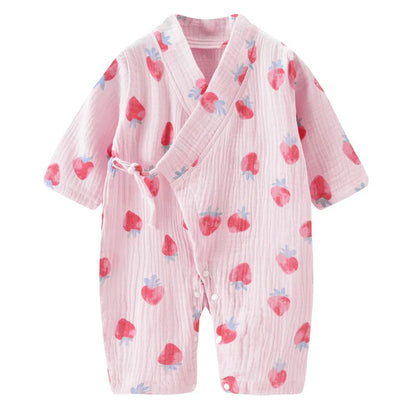 Muslin Cotton Baby Kimono Romper with Side Ties and Leg Snaps, Long Sleeve Printed Footless Jumpsuit for Boys and Girls, 0-24 Months