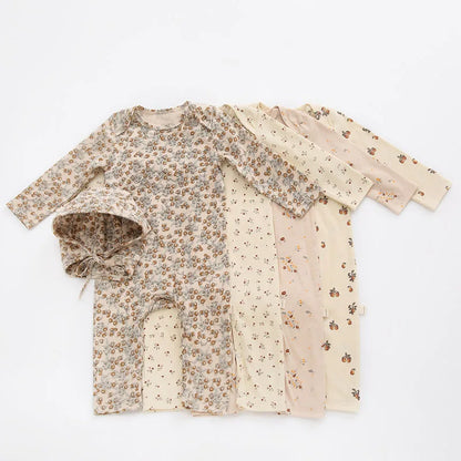 Printed Cotton Baby Romper with Long Sleeves and Footless Legs, Floral and Fruit Pattern One-Piece Outfit for Boys and Girls, Separate Hat Options