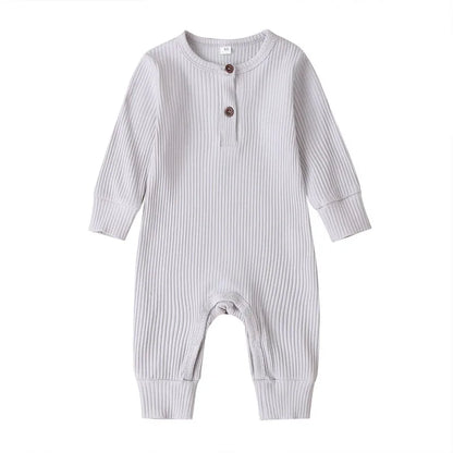 Ribbed Baby Romper with Button Neckline and Inner-Leg Snaps, Long Sleeve Cotton Knit One-Piece Outfit for Boys and Girls in 3M-18M Sizes