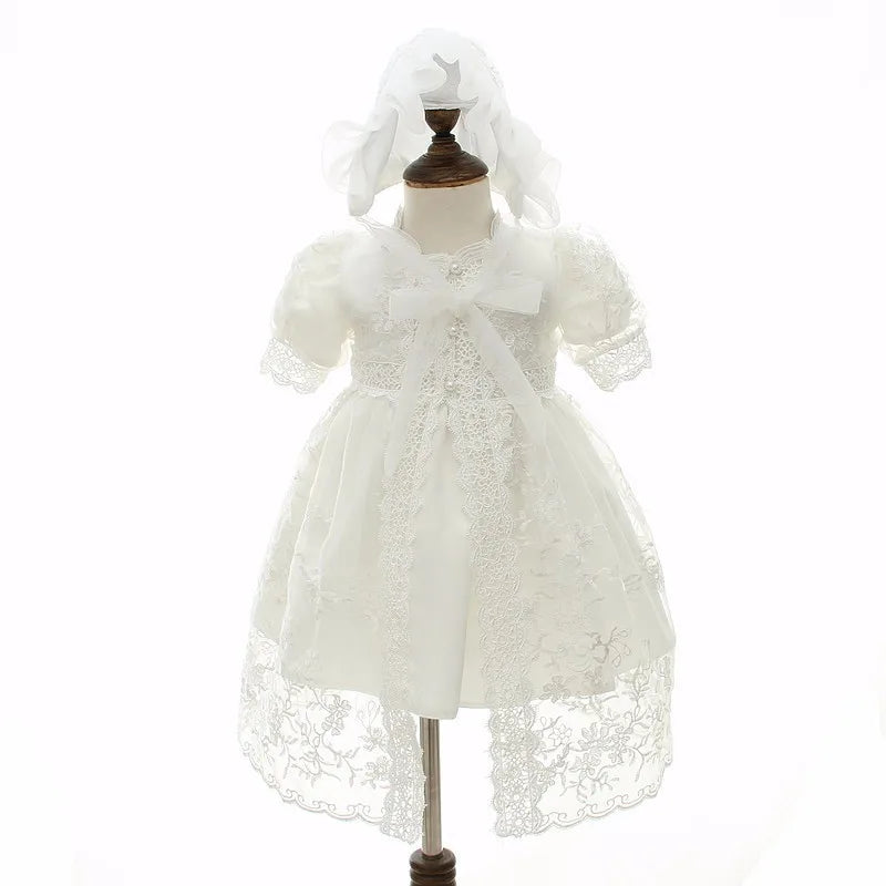 Baby Baptism Gown for Girls with Long Sleeves, Lace Details and Cotton Lining, Dress and Cap Set for Christening and First Birthday Photos