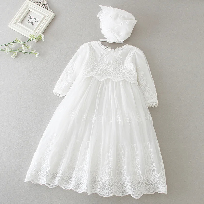 Baby Baptism Gown for Girls with Long Sleeves, Lace Details and Cotton Lining, Dress and Cap Set for Christening and First Birthday Photos