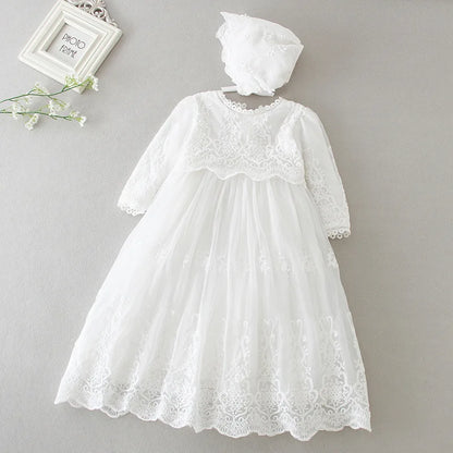 Baby Baptism Gown for Girls with Long Sleeves, Lace Details and Cotton Lining, Dress and Cap Set for Christening and First Birthday Photos