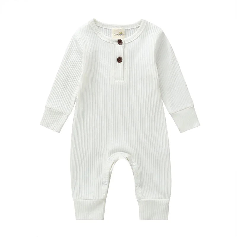Ribbed Baby Romper with Button Neckline and Inner-Leg Snaps, Long Sleeve Cotton Knit One-Piece Outfit for Boys and Girls in 3M-18M Sizes
