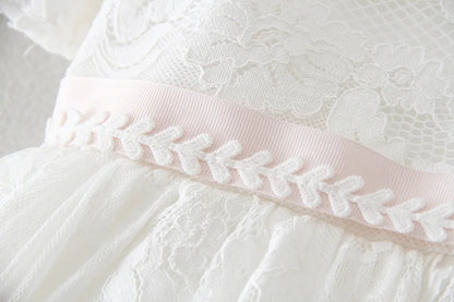 Baby Baptism Gown for Girls with Long Sleeves, Lace Details and Cotton Lining, Dress and Cap Set for Christening and First Birthday Photos