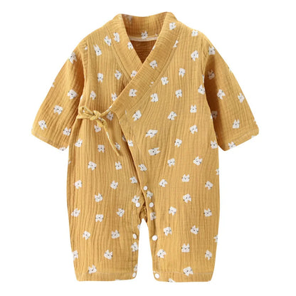 Muslin Cotton Baby Kimono Romper with Side Ties and Leg Snaps, Long Sleeve Printed Footless Jumpsuit for Boys and Girls, 0-24 Months