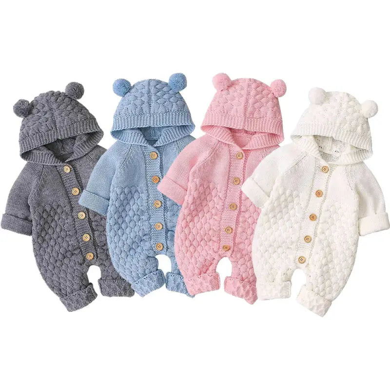 Baby Bobble Knit Hooded Jumpsuit with Round Ear Details, Cotton Blend Button-Front Sweater Romper in Beige, Pink, Blue or Gray