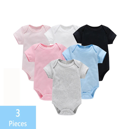 Short Sleeve Baby Bodysuits 3-Pack in 100% Cotton, Solid Color Infant One-Piece Outfits with Envelope Shoulders and Snap Bottoms for Daily Wear