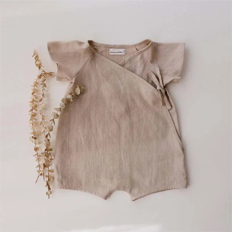 Baby Wrap Romper in Linen Cotton with Short Sleeves and Side Ties, V-Neck Summer One-Piece Outfit for Boys and Girls in Four Color Options