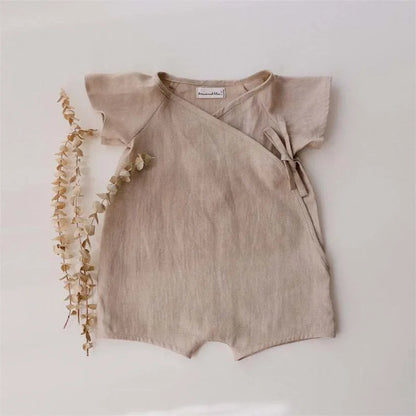 Baby Wrap Romper in Linen Cotton with Short Sleeves and Side Ties, V-Neck Summer One-Piece Outfit for Boys and Girls in Four Color Options