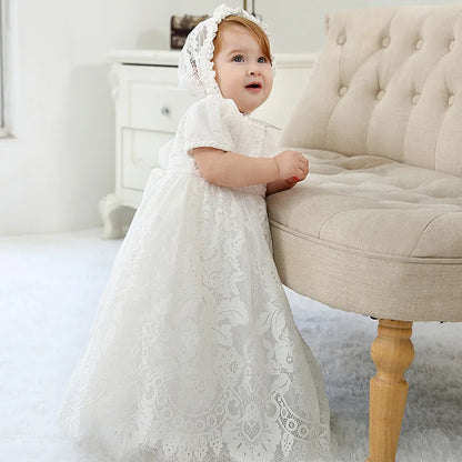 Baby Baptism Gown for Girls with Long Sleeves, Lace Details and Cotton Lining, Dress and Cap Set for Christening and First Birthday Photos