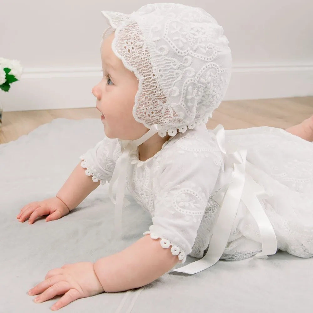 Baby Baptism Gown for Girls with Long Sleeves, Lace Details and Cotton Lining, Dress and Cap Set for Christening and First Birthday Photos