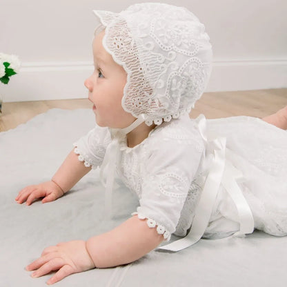 Baby Baptism Gown for Girls with Long Sleeves, Lace Details and Cotton Lining, Dress and Cap Set for Christening and First Birthday Photos