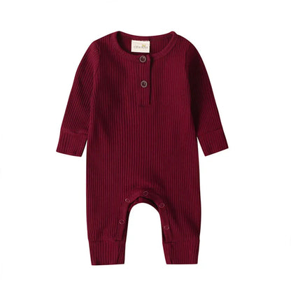 Ribbed Baby Romper with Button Neckline and Inner-Leg Snaps, Long Sleeve Cotton Knit One-Piece Outfit for Boys and Girls in 3M-18M Sizes