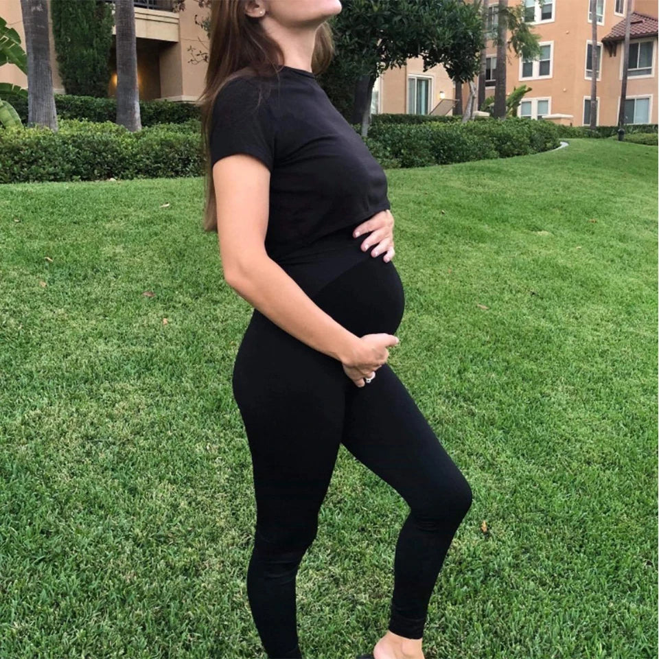 Stretch Maternity Leggings with High Waist Belly Panel, 90% Nylon and 10% Spandex Pregnancy Pants with Shorts and Thickened Style Options