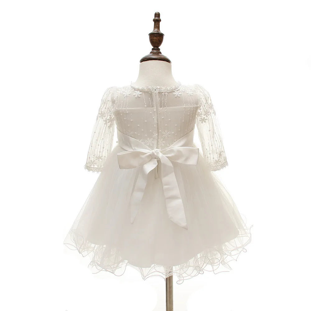 Baby Baptism Gown for Girls with Long Sleeves, Lace Details and Cotton Lining, Dress and Cap Set for Christening and First Birthday Photos