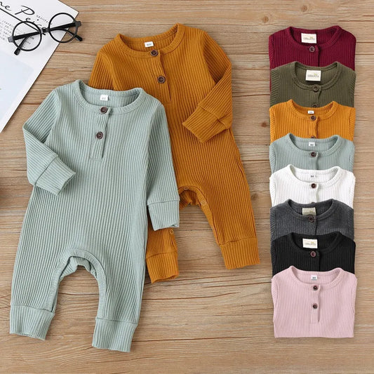 Ribbed Baby Romper with Button Neckline and Inner-Leg Snaps, Long Sleeve Cotton Knit One-Piece Outfit for Boys and Girls in 3M-18M Sizes