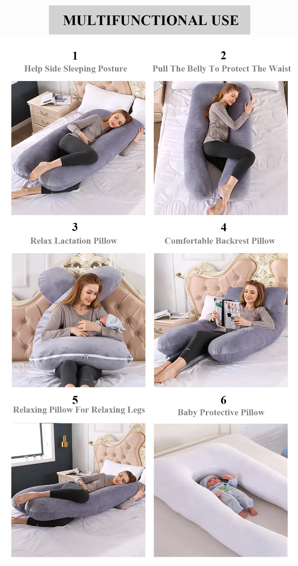 U-Shaped Pregnancy Body Pillow with Detachable Polyester Cover, PANGDUBE Maternity Cushion for Adult Rest, Approx. 115 x 55 cm