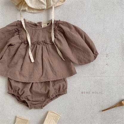 Baby Girl Bloomer Outfit Set with Vintage Lace Embroidery, Long Sleeve Cotton Top and Matching Shorts for Infants and Toddlers