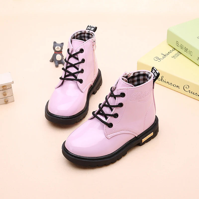 Lace-Up Kids Ankle Boots in PU Leather, Side-Zip Casual Shoes for Boys and Girls with Plush-Lined Options, Five Colors and Sizes 21-36