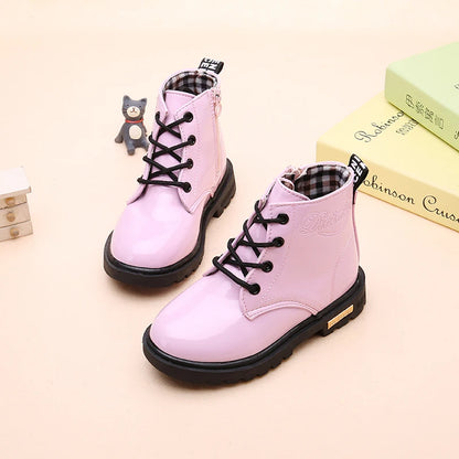 Lace-Up Kids Ankle Boots in PU Leather, Side-Zip Casual Shoes for Boys and Girls with Plush-Lined Options, Five Colors and Sizes 21-36