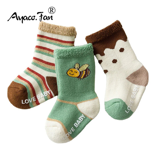 Baby Terry Cotton Socks 3-Pair Set, Thick Non-Slip Socks for Newborns, Infants and Toddlers Ages 0-5 Years for Cozy Fall and Winter Wear