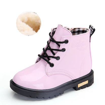 Lace-Up Kids Ankle Boots in PU Leather, Side-Zip Casual Shoes for Boys and Girls with Plush-Lined Options, Five Colors and Sizes 21-36