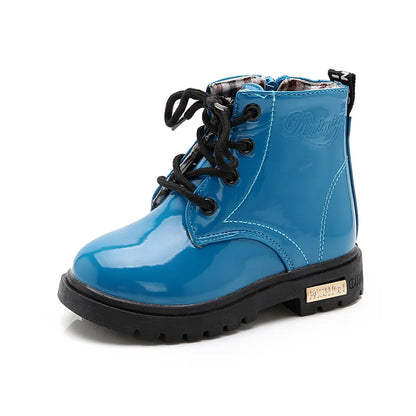 Lace-Up Kids Ankle Boots in PU Leather, Side-Zip Casual Shoes for Boys and Girls with Plush-Lined Options, Five Colors and Sizes 21-36