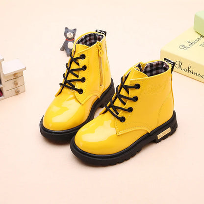 Lace-Up Kids Ankle Boots in PU Leather, Side-Zip Casual Shoes for Boys and Girls with Plush-Lined Options, Five Colors and Sizes 21-36
