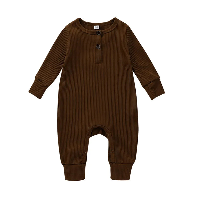 Ribbed Baby Romper with Button Neckline and Inner-Leg Snaps, Long Sleeve Cotton Knit One-Piece Outfit for Boys and Girls in 3M-18M Sizes