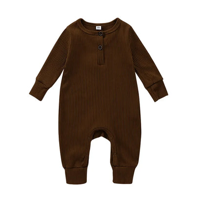 Ribbed Baby Romper with Button Neckline and Inner-Leg Snaps, Long Sleeve Cotton Knit One-Piece Outfit for Boys and Girls in 3M-18M Sizes