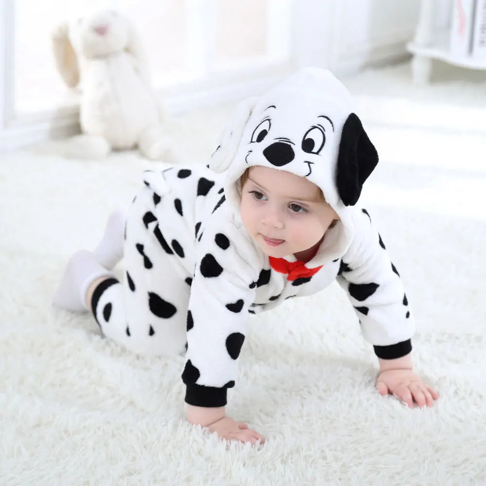 Baby Dalmatian Costume with Puppy Hood, Flannel Animal Jumpsuit for Infants and Toddlers, Halloween Dress-Up and Photo Outfits