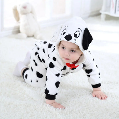 Baby Dalmatian Costume with Puppy Hood, Flannel Animal Jumpsuit for Infants and Toddlers, Halloween Dress-Up and Photo Outfits