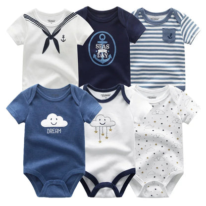 Baby Cotton Bodysuit Set, 6-Piece Short Sleeve Outfits with Envelope Shoulders and Snap Crotch for Boys and Girls, Sizes 3M-12M