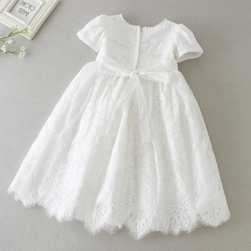 Baby Baptism Gown for Girls with Long Sleeves, Lace Details and Cotton Lining, Dress and Cap Set for Christening and First Birthday Photos