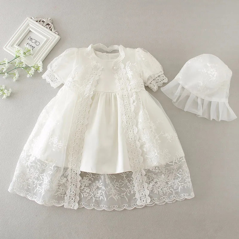 Baby Baptism Gown for Girls with Long Sleeves, Lace Details and Cotton Lining, Dress and Cap Set for Christening and First Birthday Photos